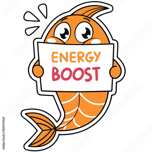 Cheerful cartoon orange fish holds a sign that reads energy boost on transparent background
