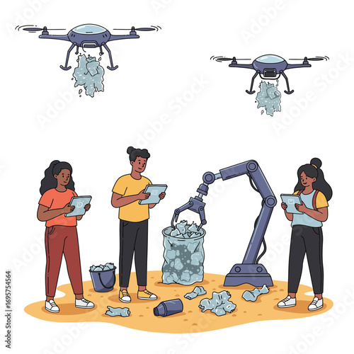 Empowering a Sustainable Future: Drone and Robotic Environmental Cleanup Vector Illustration