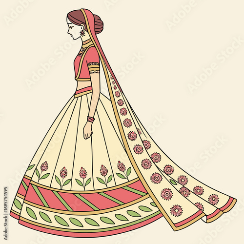 Elegant indian bride in traditional dress with veil and floral details