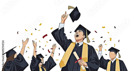Celebratory Moment Graduates Toss Caps and Celebrate Their Academic Achievements with Joy and Success