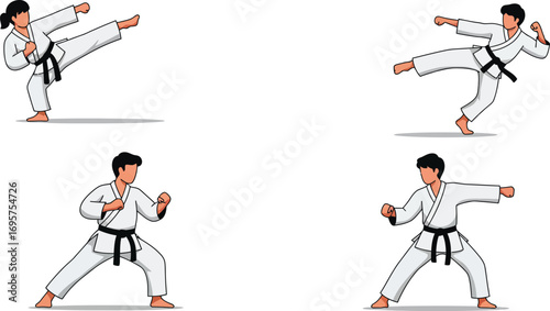 martial arts techniques demonstrated by practitioners in various stances