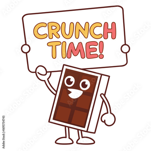 Happy cartoon chocolate bar holds up a sign that says crunch time