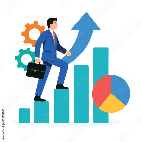 Business Growth and Successflat art, Career Progression illustration, Path to Achievement image, Climbing the Ladder of Success conception, Strategic Business Development
