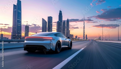 Futuristic Electric Car Speeding Through Modern Cityscape at Sunset