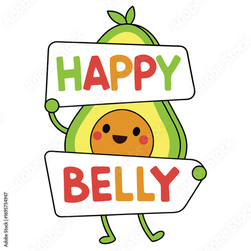 Cute avocado character smiles while holding Happy Belly signs with a transparent background