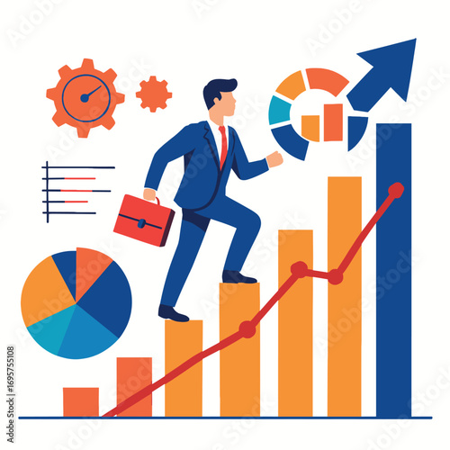 Business Growth and Successflat art, Career Progression illustration, Path to Achievement image, Climbing the Ladder of Success conception, Strategic Business Development