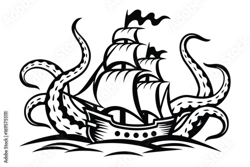 Silhouette of Sailing Ship Attacked by Octopus on White Background