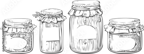 Four glass jars with fabric lids and blank labels container food