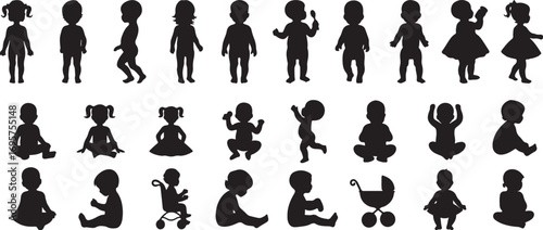 includes, babies, activities, playing, isolated, vector, stroller, infants, stroller., baby, various, capture, childhood., early, set, person, representing, toddler, collection, poses, kid, black, ill