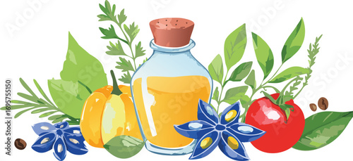 Aromatic herbs and spices with oil bottle and vegetables star anise coffee beans