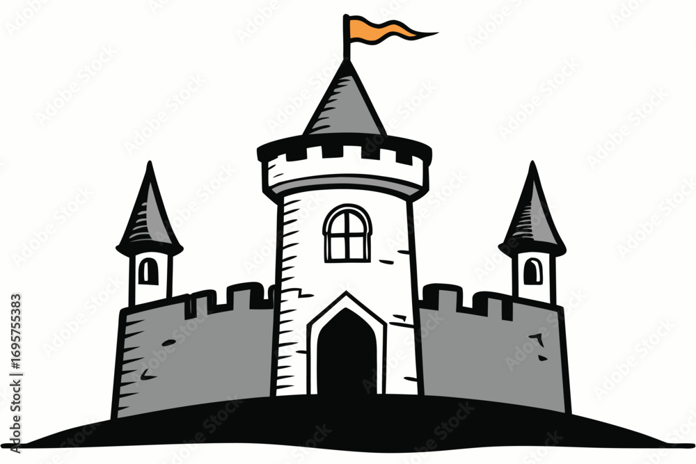 Obraz premium Simple Castle With Orange Flag On A White Background Design