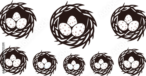 Dark nests with speckled eggs brown white