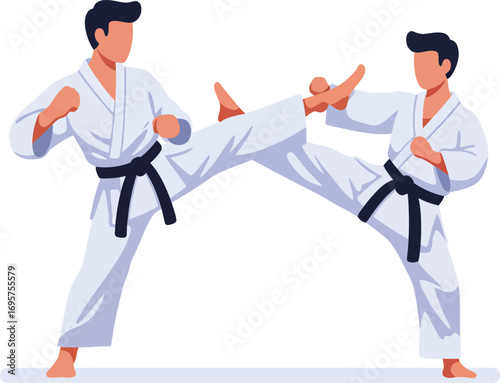 two martial artists practicing karate techniques together