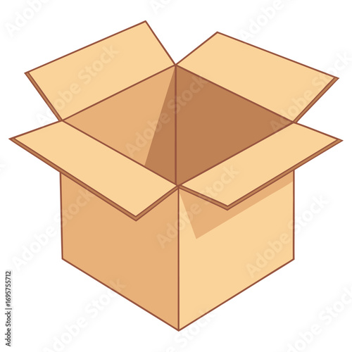 Cartoon opened cardboard box showing its interior is ready for containing items with transparent background