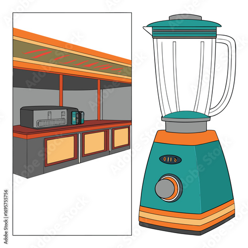 Cartoon features a gray countertop and a green colored retro blender