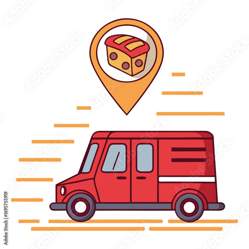 Retro red delivery van speeds toward a cheese location indicated by an orange marker