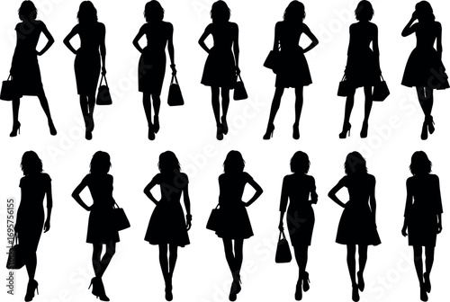 Elegant female silhouettes posing with fashionable handbags diverse styles and poses for design projects