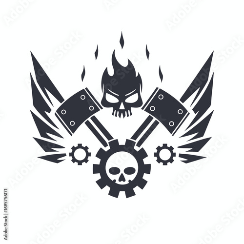 Skull With Fire Vector, Axe, Gear, Wings Decoration on a White Background
