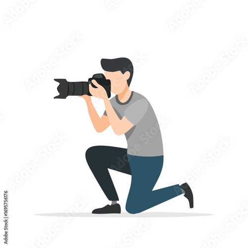 Male Photographer Kneeling, DSLR Camera, Casual Style
