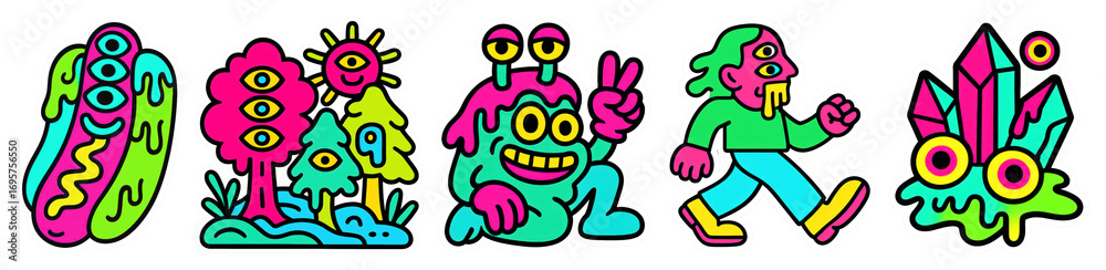 Obraz premium PNG Colorful quirky cartoon character designs, element set on transparent background