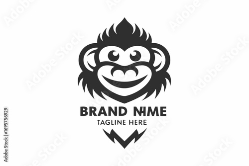 Smiling Monkey Face Illustration, Ape Cartoon Mascot Design on White Background