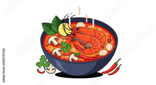 A Delicious Bowl of Tom Yum Soup, a Spicy and Flavorful Thai Dish, Garnished with Fresh Herbs, Lime, and Chili Peppers, Perfect for Food Lovers