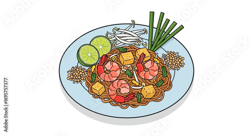 A delicious plate of Pad Thai noodles with shrimp, tofu, bean sprouts, peanuts, and lime wedges, a vibrant and flavorful dish from Thai cuisine, perfect for food lovers