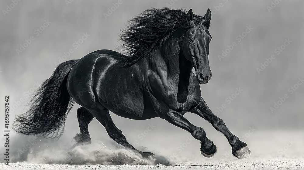 Obraz premium Black stallion galloping with power and grace on sandy ground