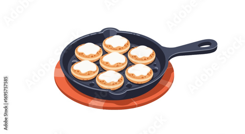 Cast iron skillet with freshly baked round breakfast cakes topped with white frosting, culinary illustration on a white background, delicious morning treat
