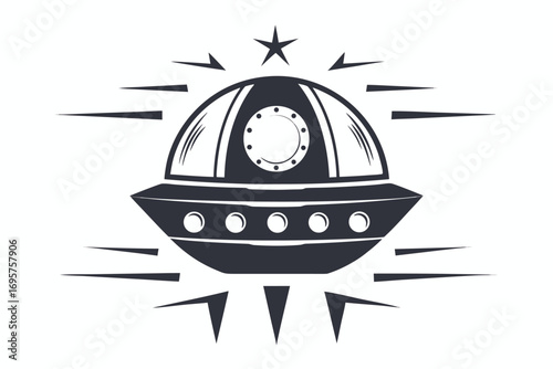 Stylish Isolated Flying Saucer with Radial Speed Lines on White Background