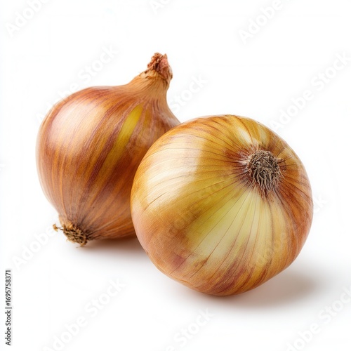 Wallpaper Mural Two brown onions with striped patterns, displayed closely together against a plain white background, showcasing their texture and natural hues. Torontodigital.ca