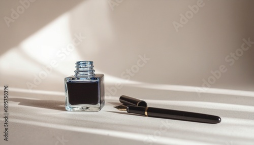 Elegant fountain pen and inkwell, minimalist style.