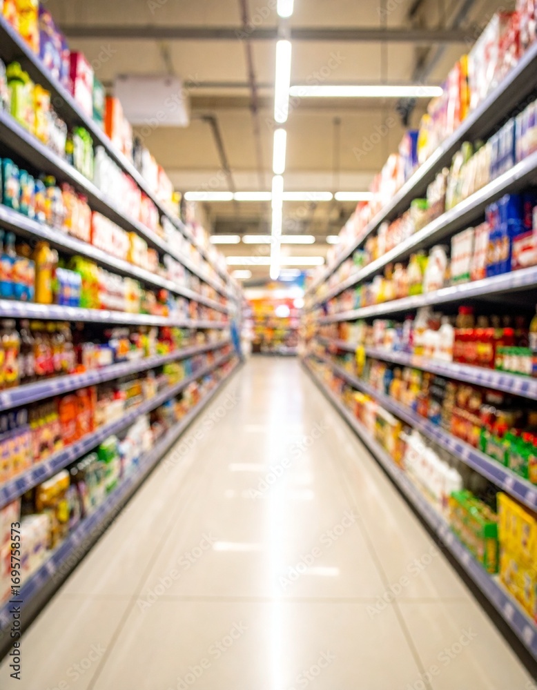 A wide-angle view of a supermarket aisle filled with various products neatly displayed on shelves. Bright lighting enhances the colorful packaging of food, beverages, and household items. A wide-angle view of a supermarket aisle filled with various products neatly displayed on shelves. Bright lighting enhances the colorful packaging of food, beverages, and household items.