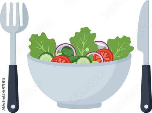 a fresh salad bowl with lettuce tomato cucumber and utensils