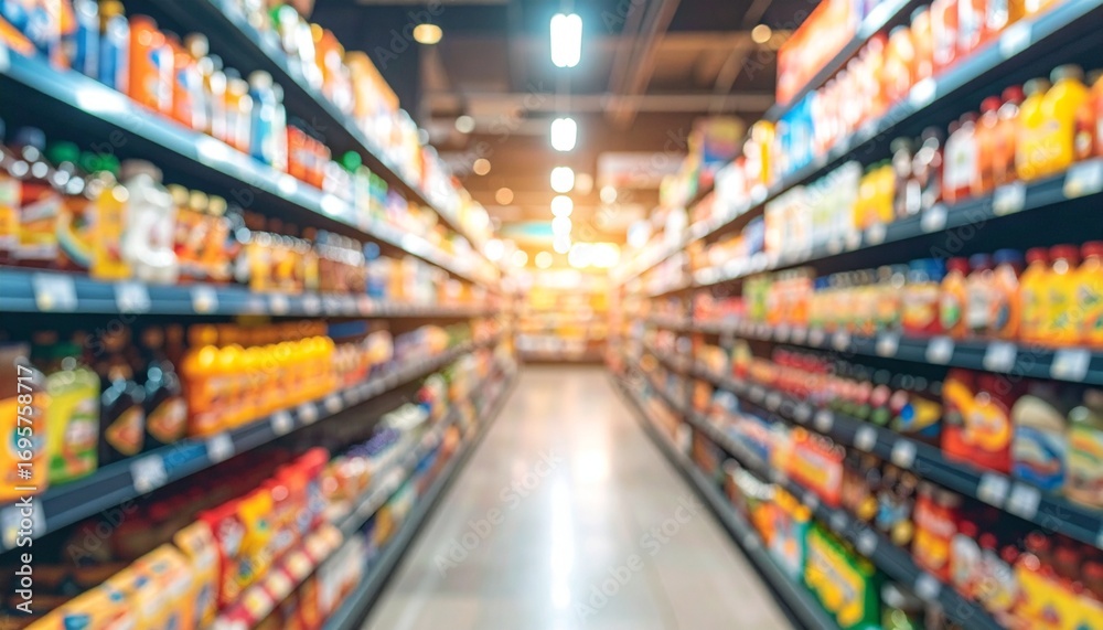 Fototapeta premium A wide-angle view of a supermarket aisle filled with various products neatly displayed on shelves. Bright lighting enhances the colorful packaging of food, beverages, and household items.