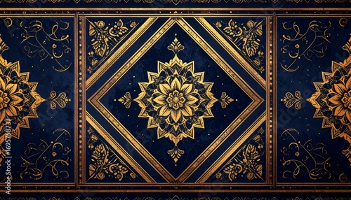 Elegant Gold Floral Pattern on Dark Blue Background – Luxury Ornamental Design