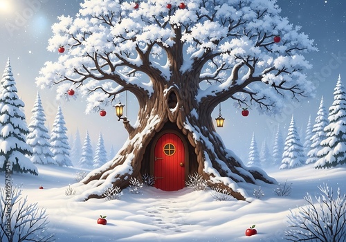 Enchanting winter scene featuring a majestic snow-covered ancient oak tree with a glowing red door in its trunk inviting exploration into a magical wonderland.