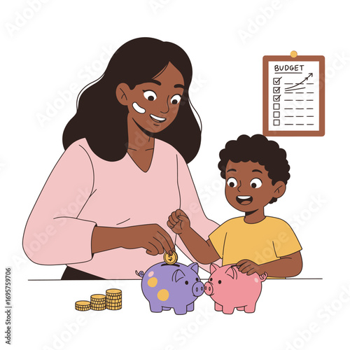 Empowering Financial Futures: A Vector Illustration of Mother and Child Learning Budgeting and Saving Together