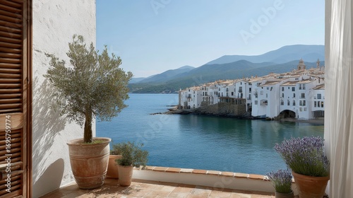 Mediterranean Coastal Townscape with Balcony View, Featuring Olive Tree, Lavender, and Coastal Architecture