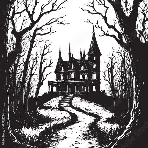 grunge Nightmare Realm Terrifying Apparitions Presence, Castle of Horrors illustration, Haunted Gothic Manor