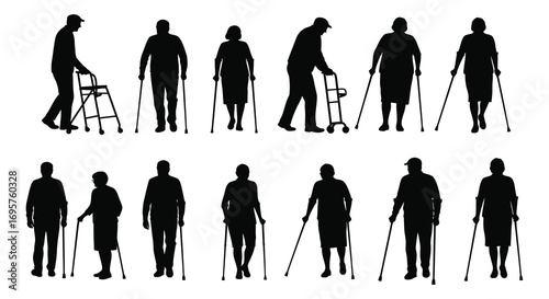elderly people using various walking aids silhouette