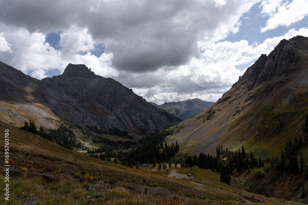 mountain landscape with lake and clouds at Colorado Yankee Boy Basin Pass mountain landscape with lake and clouds at Colorado Yankee Boy Basin Pass