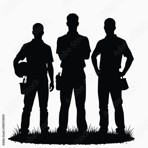 Three construction workers in silhouette with tool belts and hard hats