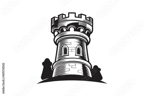 Tower Building Sketch with Arched Windows and Detailed Stone Texture on White
