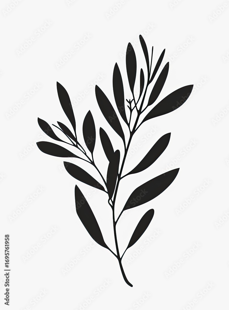Fototapeta premium Elegant black silhouette of an olive branch against a minimalist white background