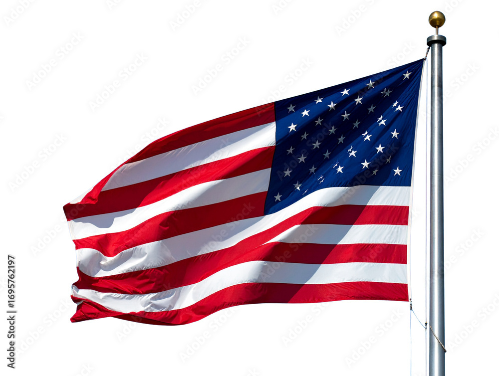 Obraz premium Front View of American Flag Waving on Silver Flagpole, Transparent PNG