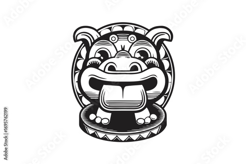 Tribal Bear Face with Detailed Pattern, Black and White on White