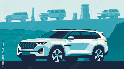 illustration of the evolution of cars over time, which looks ancient in the background vector design template