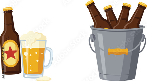 a bottle mug beer and bucket filled with bottles