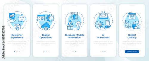 Wallpaper Mural Digital transformation examples blue onboarding mobile app screen. Walkthrough 5 steps editable graphic instructions with linear concepts. UI, UX, GUI. Montserrat SemiBold, Regular fonts used Torontodigital.ca